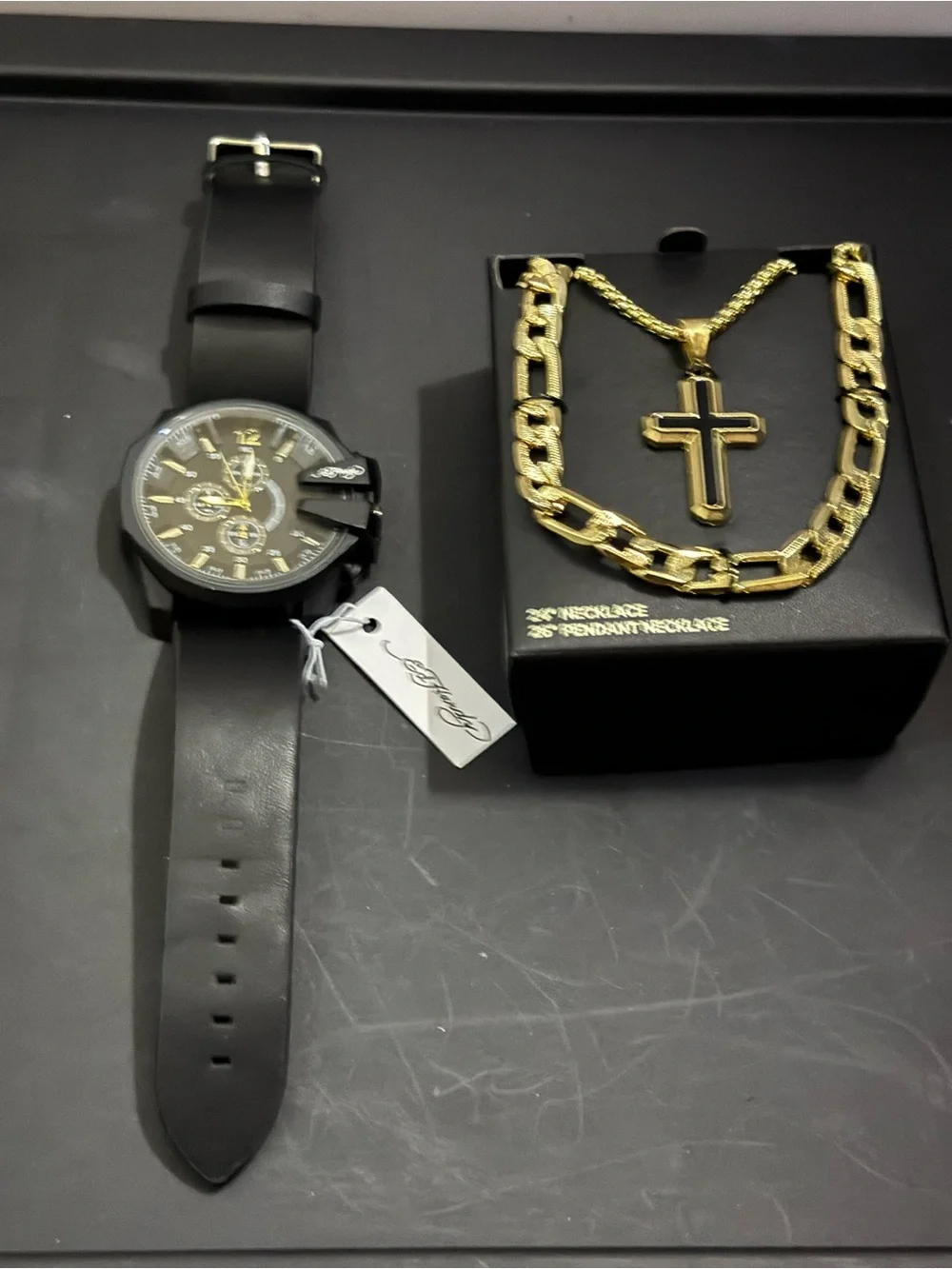 Ed Hardy Black and Gold Watch with Gold Cross Necklace Set